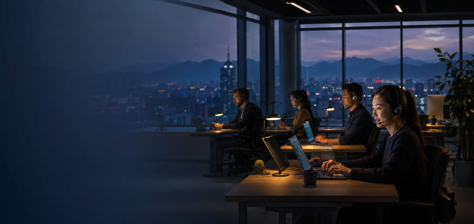 Survey interviewers working in an Ulaanbaatar operations room at dusk